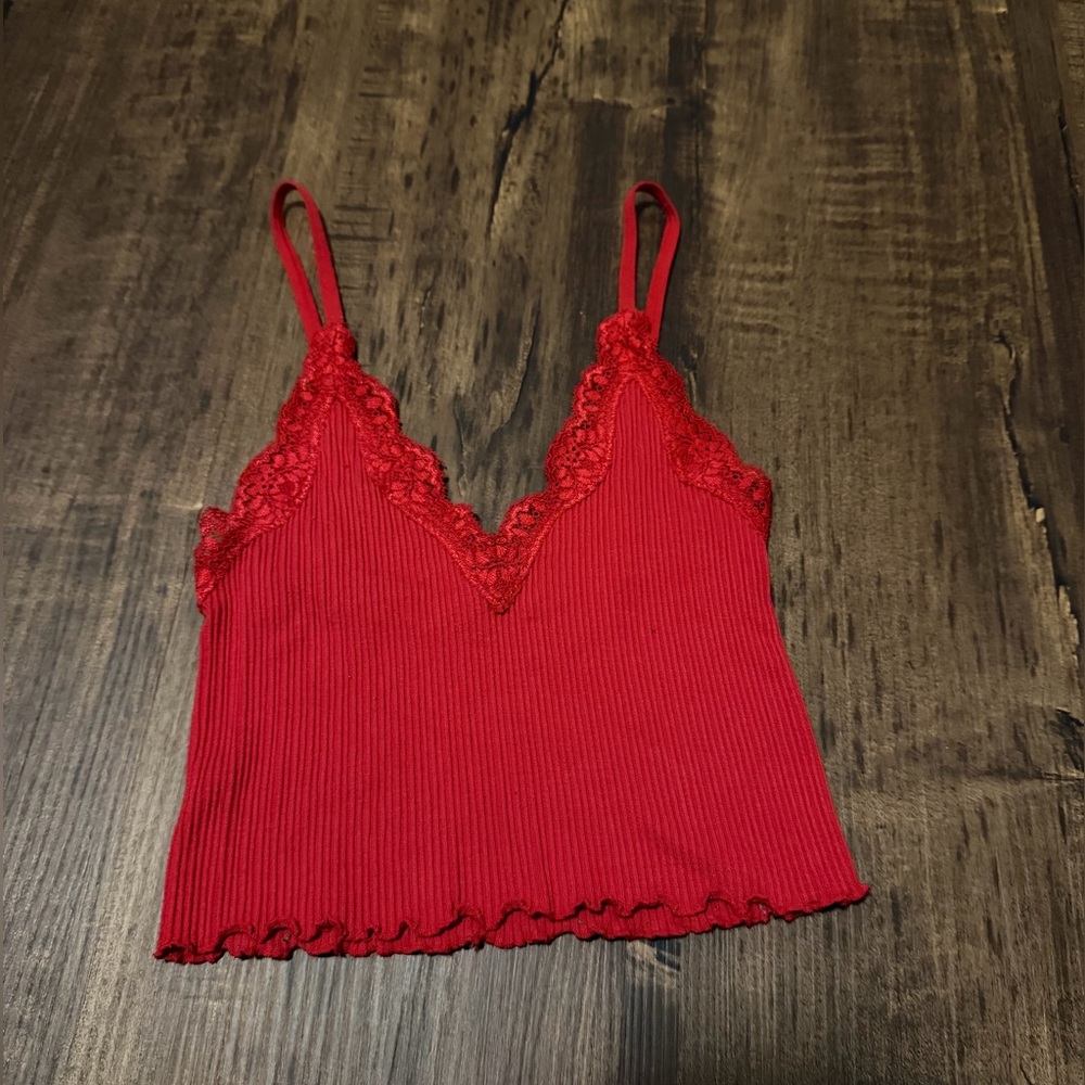 Lace-Trim Ribbed Red Cami